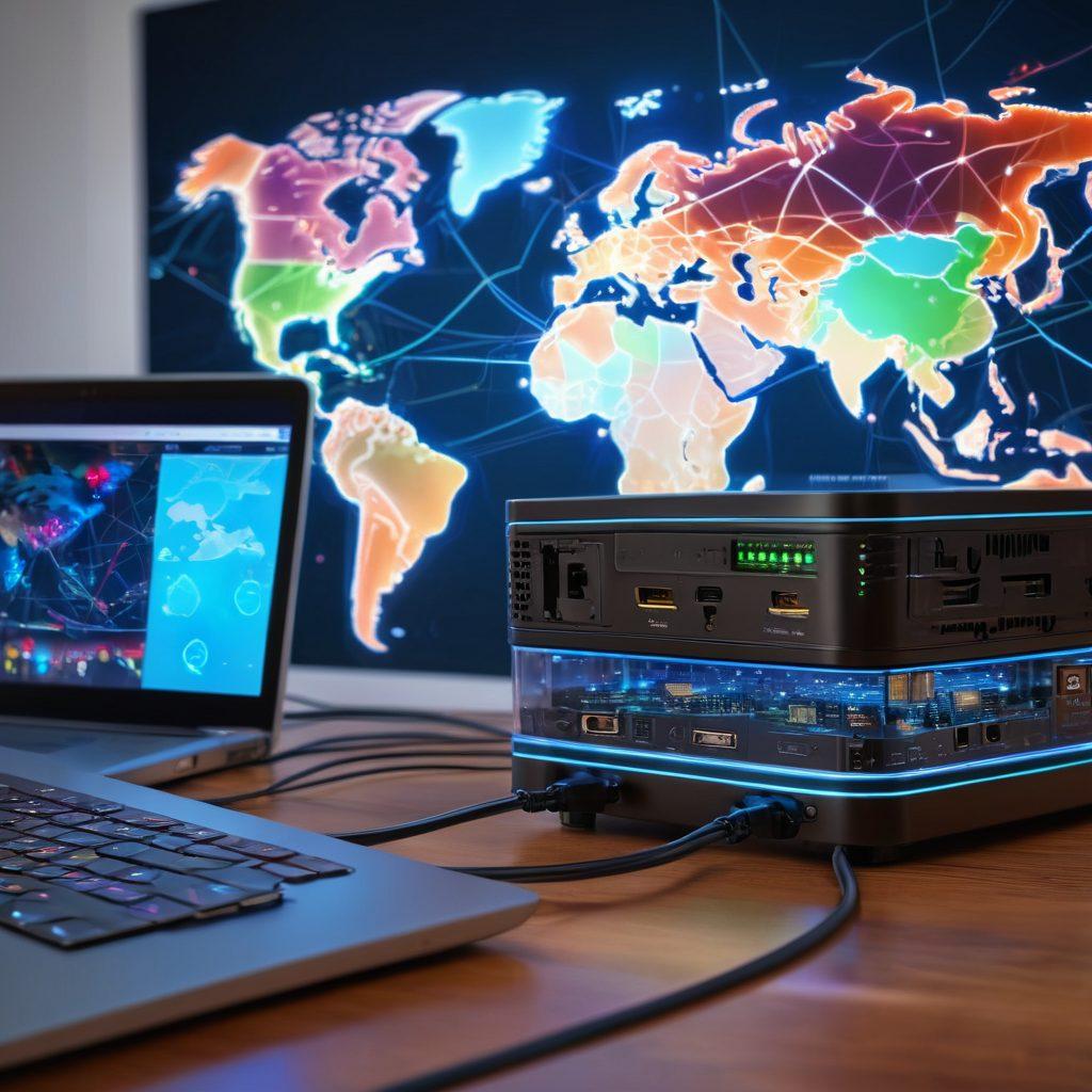 A sleek home network setup featuring a powerful router illuminated with vibrant LED lights, surrounded by devices like laptops and smart home gadgets. In the backdrop, a digital world map with fast data flowing lines represents superior connectivity. The atmosphere is tech-savvy and futuristic, with an educational tone that inspires mastery in network management. super-realistic. vibrant colors. 3D.