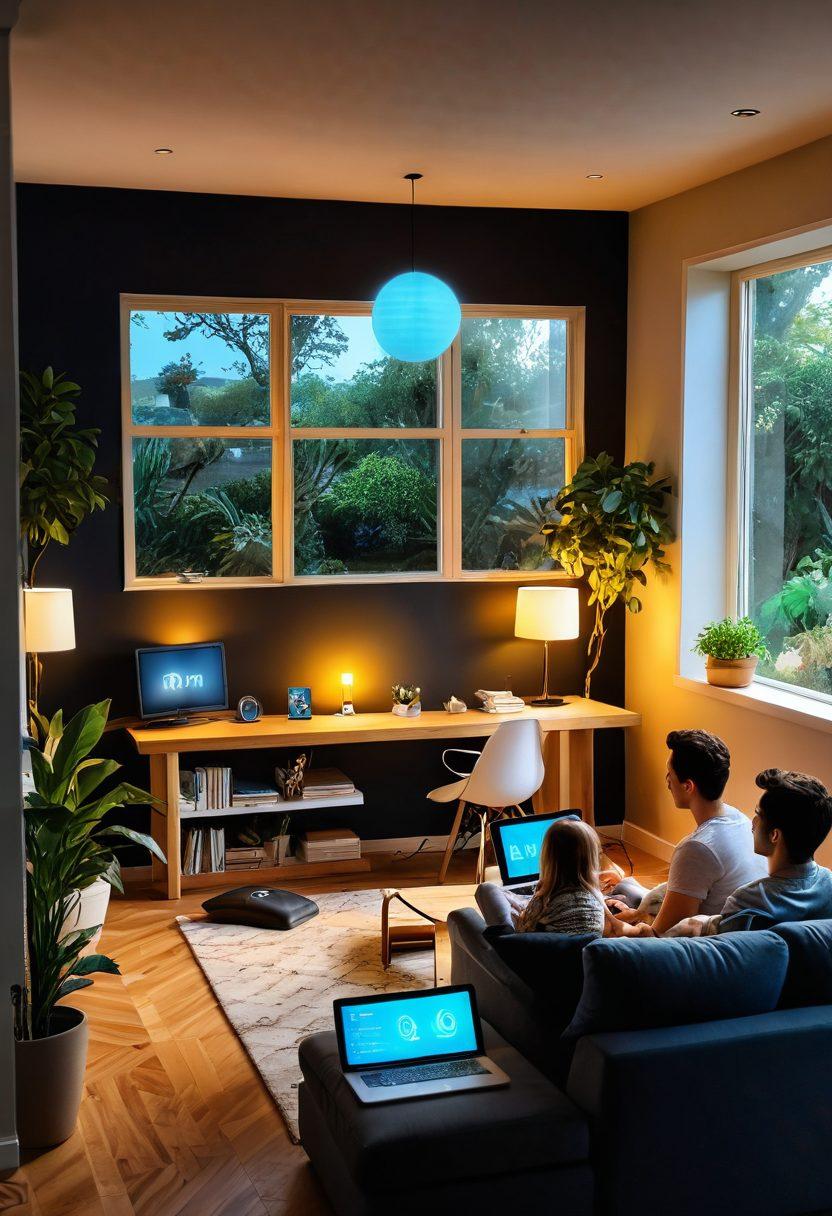 A cozy home interior featuring a family happily using various devices connected to a strong Wi-Fi network. The room includes a modern router with DD-WRT interface on a screen, a vibrant garden visible through a window, and symbols of connectivity like glowing Wi-Fi signals. Warm, inviting colors to emphasize a comfortable atmosphere. super-realistic. vibrant colors. indoor setting.